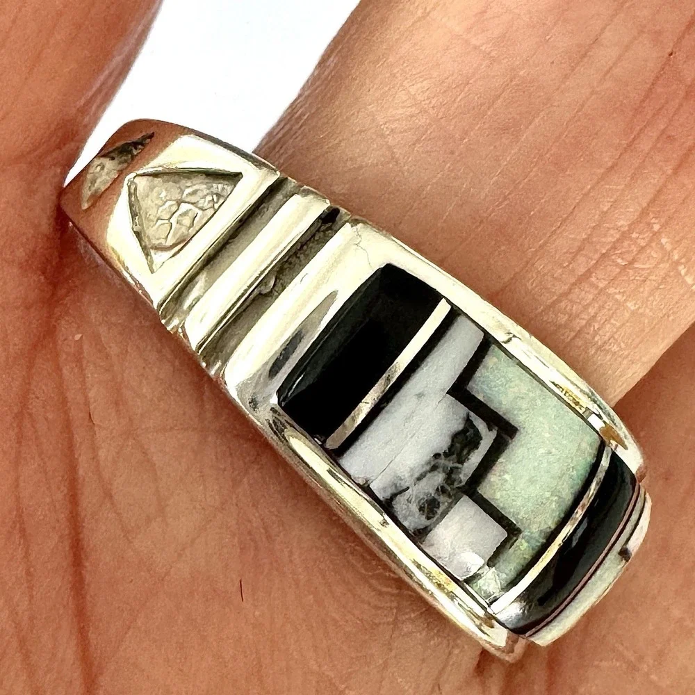 Navajo Inlay Wedding Band Ring Sz 12 Opal White Buffalo 9mm‎ Mens Signed RT